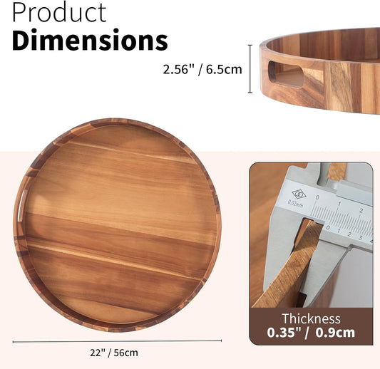 Extra Large Tray for Ottoman 22" Wooden Tray Ottoman Trays Large Acacia Wood Serving Tray with Handles Wooden Trays for Party, Food Serving, Breakfast, Dinner, Coffee Tea, Appetizers