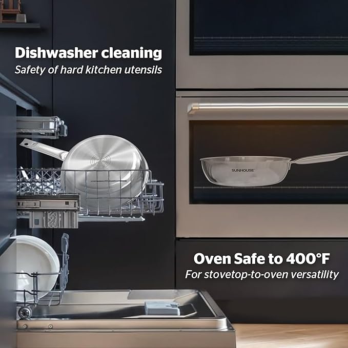 SUNHOUSE 11 Inch Tri-Ply Stainless Steel Frying Pan, Whole-Clad No Coatings Skillet with Stay-cool Handle for Cooking, Durable & Oven Safe to 500°F, Dishwasher Safe, Compatible with All Cooktops