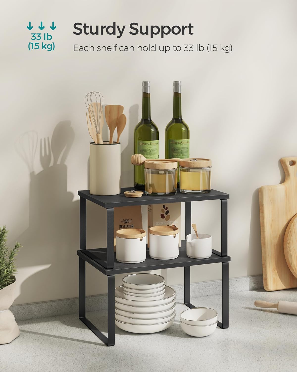 SONGMICS Cabinet Organizer Shelf, Set of 4 Kitchen Counter Shelves, Kitchen Storage, Spice Rack, Stackable, Expandable, Metal and Engineered Wood, Ink Black and Ebony Black UKCS027B01