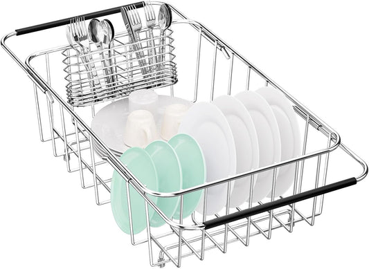Dish Drainer Rack in Sink Adjustable, Expandable 304 Stainless Steel Metal Dish Drying Rack Organizer with Stainless Steel Utensil Holder Over Inside Sink Counter, Rustproof