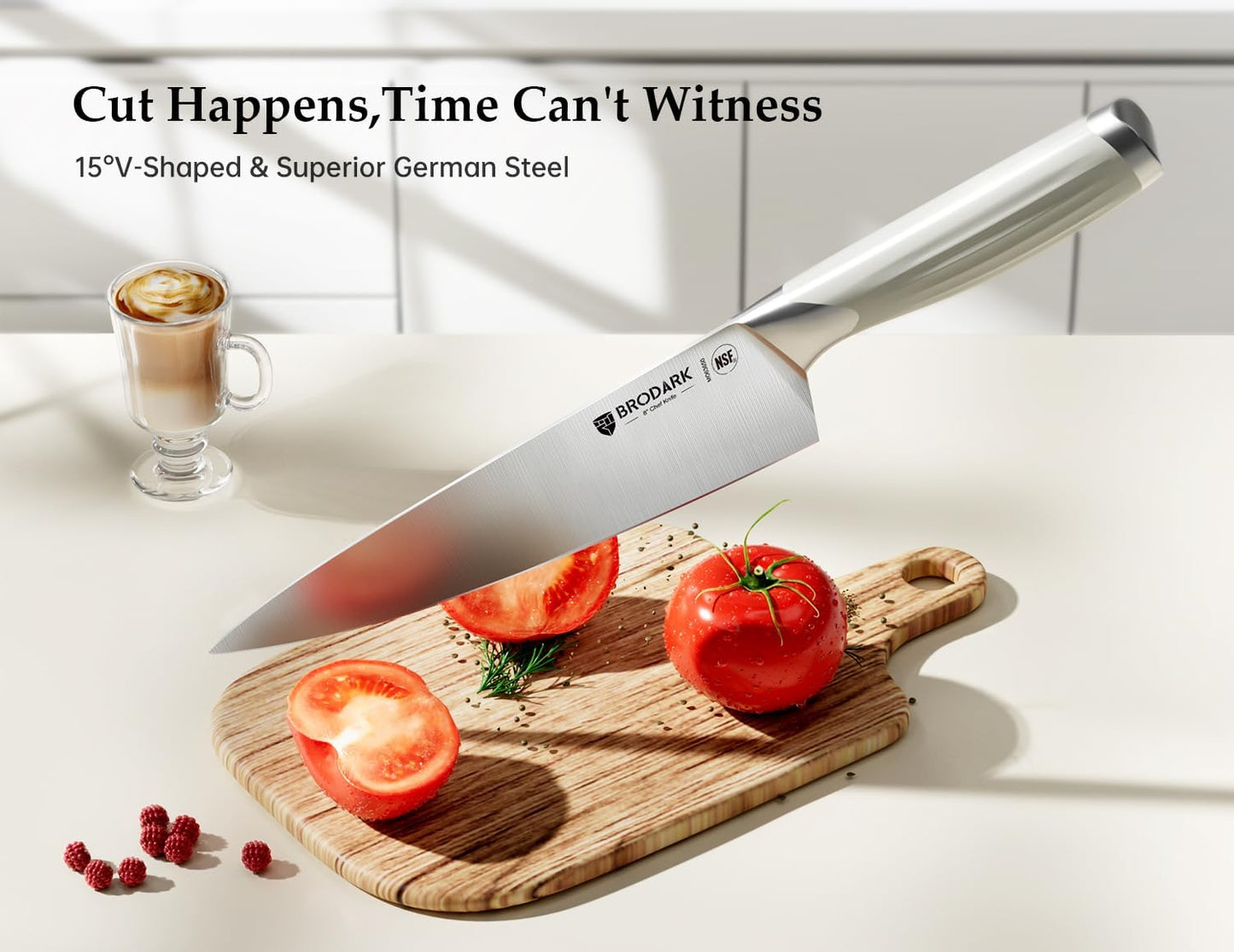 BRODARK Kitchen Knife Set with Block and Sharpening Rod, 15-Piece Full Tang German Stainless Steel Knife Block Set with Ergonomic Roman Handle, White, Ultra Sharp & Rust Resistant, Premium Gift Box