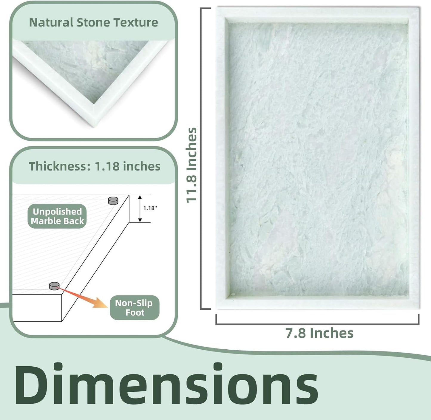 Yew & Tulip Natural Marble Vanity Tray, Luxury Stone with Light Green Textures Serving Tray for Bathroom, Kitchen, Vanity, Home Decor, Wedding etc. (12" x 8" x 1.2")