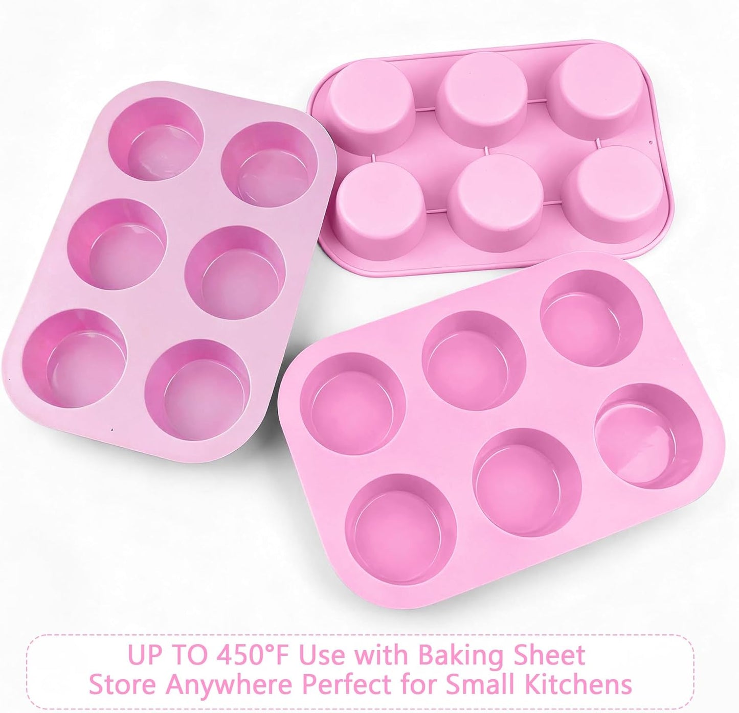 3-Pack 6-Cup Silicone Muffin Pans, Nonstick Cupcake Baking Molds, Muffin Cupcake Pans Molds for Baking, BPA/PFA-Free, Dishwasher & Oven Safe - Pink