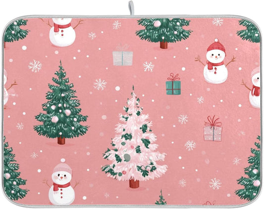 Christmas Tree with Snowman Dish Drying Mat Super Absorbent Drying Mat 16x18 inch Large Dish Drying Mats for Kitchen Counter Dish Drying Pads Kitchen Drying Matt for Countertop