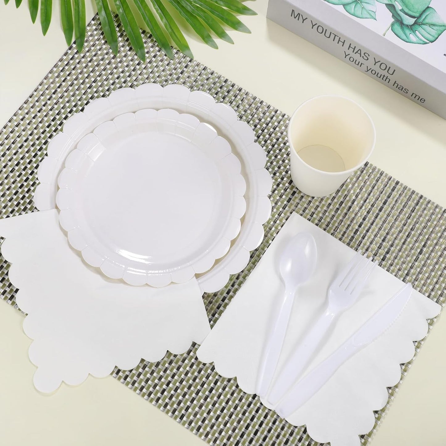 175 Pcs White Paper Plates and Napkins, 25 Guest White Party Supplies Include Scalloped Plates Paper Napkin Cup Plastic Spoon Fork Knive for Baby Shower, Wedding, Birthday