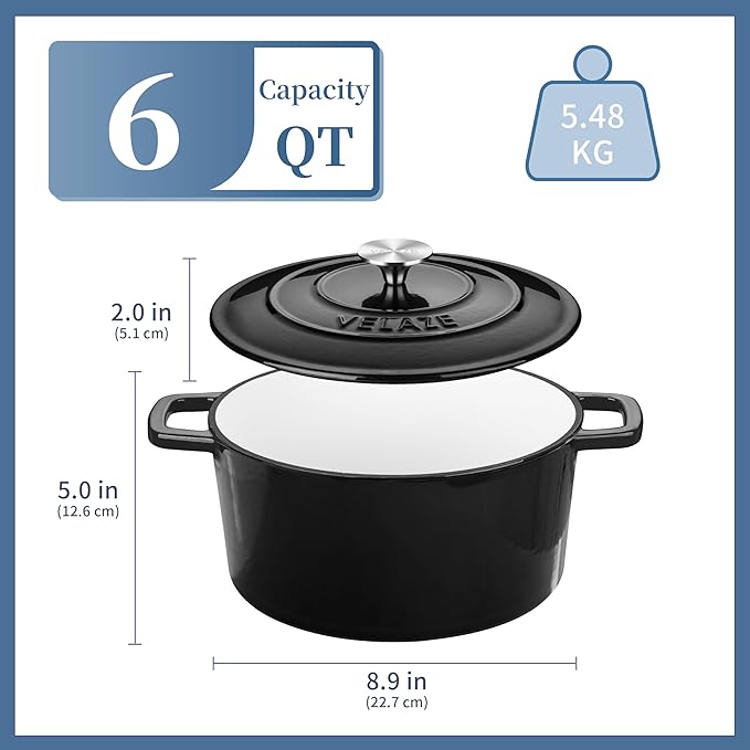 Velaze 6 QT Enameled Cast Iron Dutch Oven, Dual Handles Dutch Oven Pot with Lid,Heavy-Duty Non-stick Round Dutch Oven for Bread Baking, Stewing, Roasting, Good Sealing for All Heat Source (BLACK)