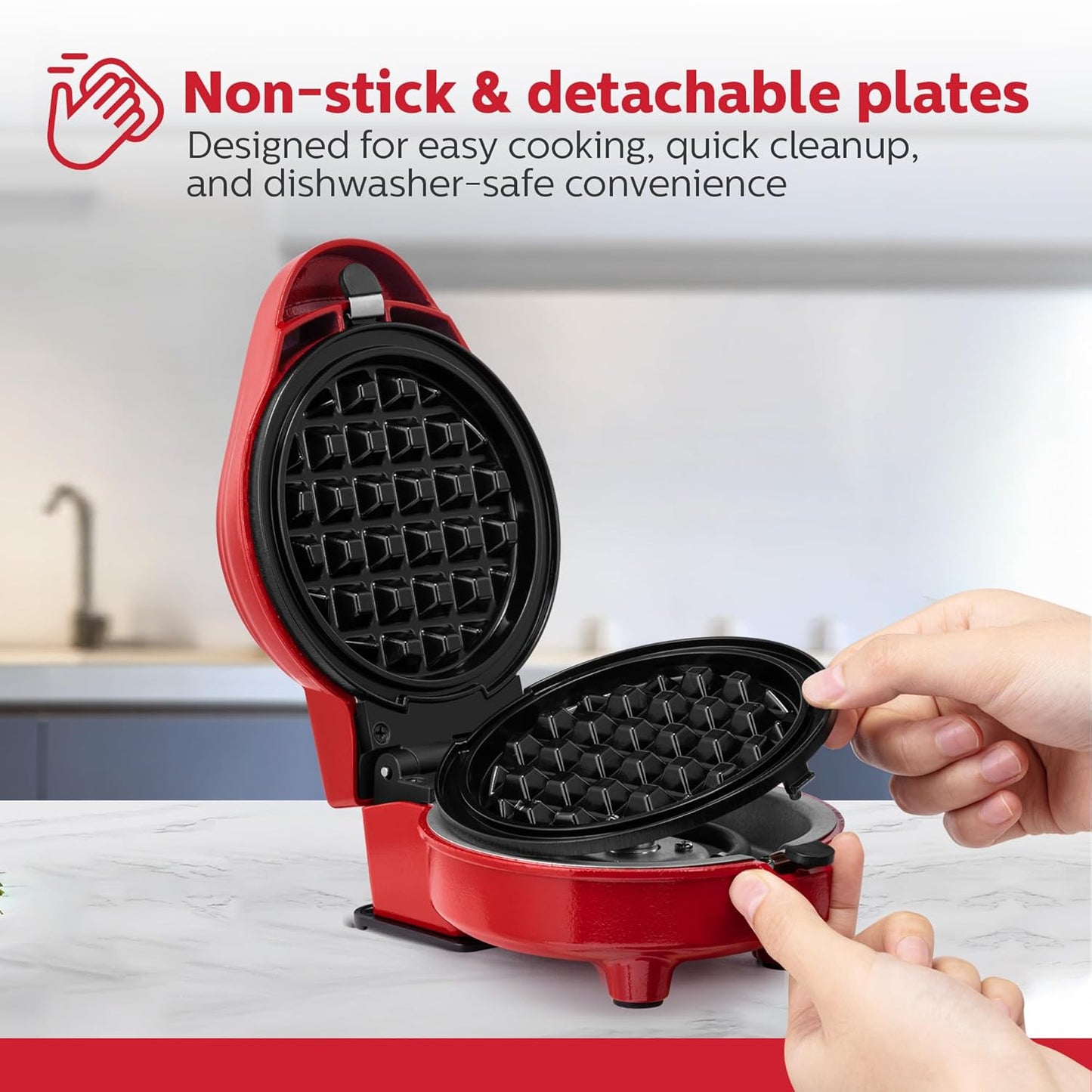 Holstein Housewares 3-IN-1 Personal Maker with Indicator Light, Griddle & Waffle Maker, Non-Stick Coating Plates, 2 waffle plates, 2 grill plates & 2 flat plates. Even Heating, Lightweight