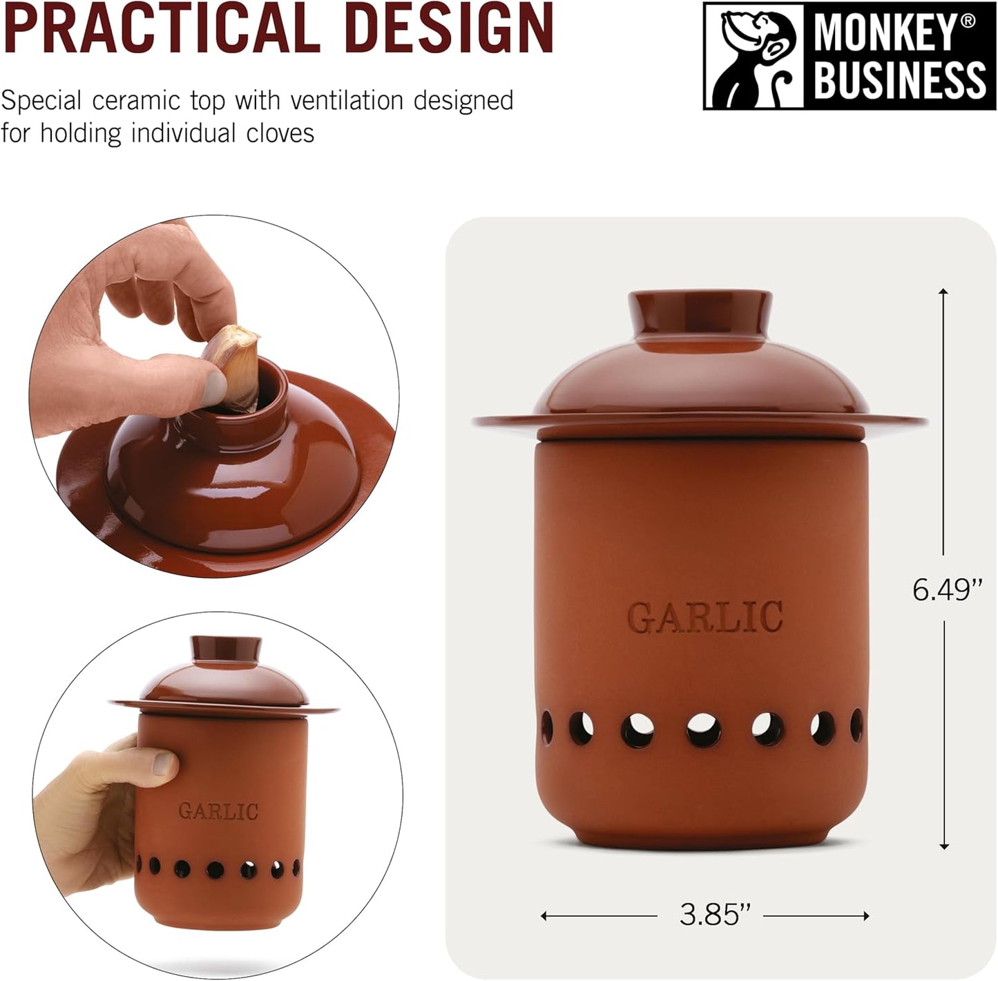 Monkey Business – Garlic Keeper – Terracotta Garlic Storage Container with Separate Ventilated Compartments for Whole Bulbs & Loose Cloves – Garlic Holder That Keeps Garlic Fresh & Kitchen Organized