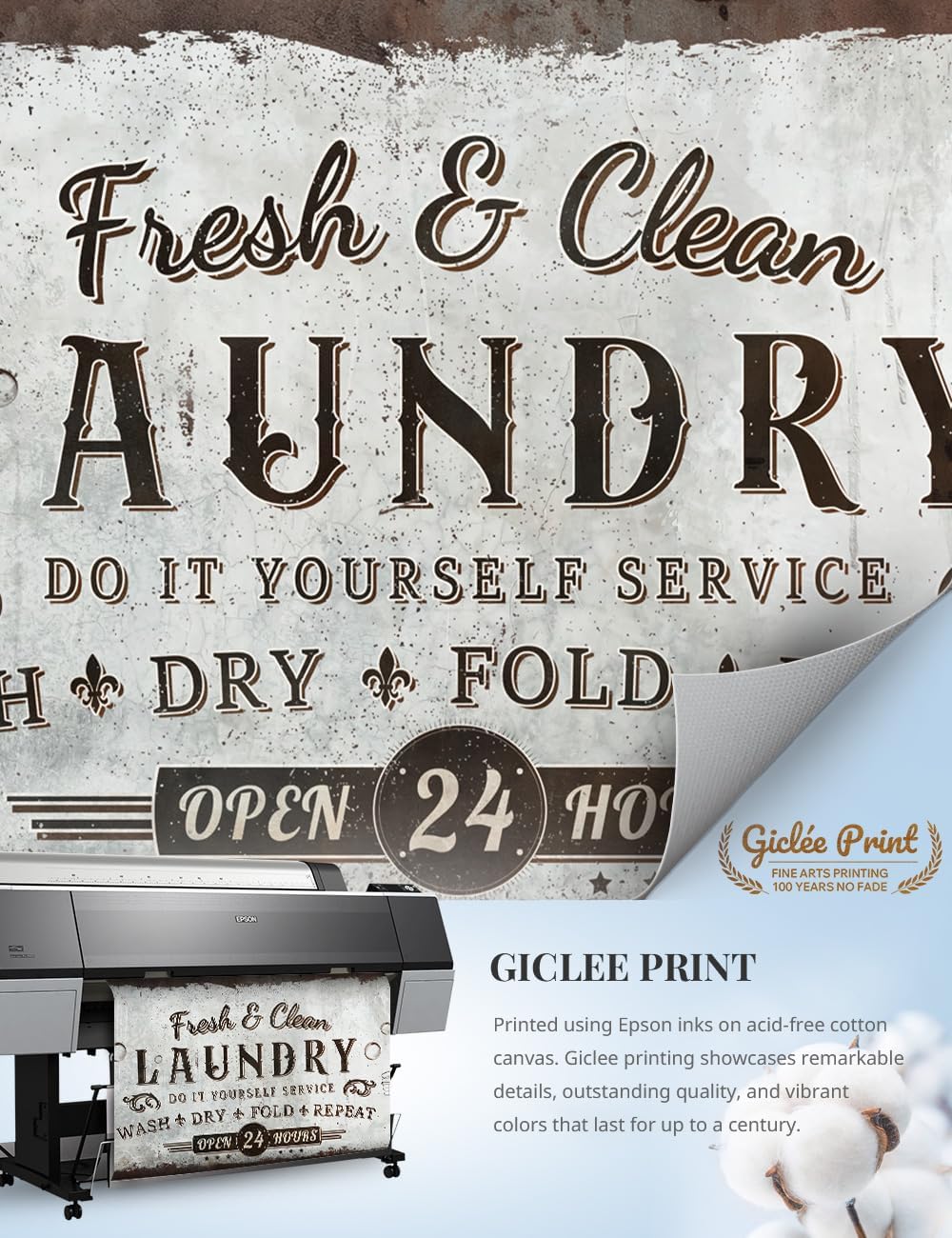 IPIC - Rustic Laundry Sign Wash Dry Fold Repeat, Canvas Print Wall Art for Family Laundry Room, Farmhouse Style Wall Decor For Home Decoration