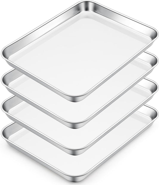 E-far Small Baking Sheet Set of 4, 10.5”x8.3” Stainless Steel Cookie Sheets Pans, Compact Non-toxic Metal Toaster Oven Trays for Cake, Healthy & Rust Free, Mirror Finish & Dishwasher Safe