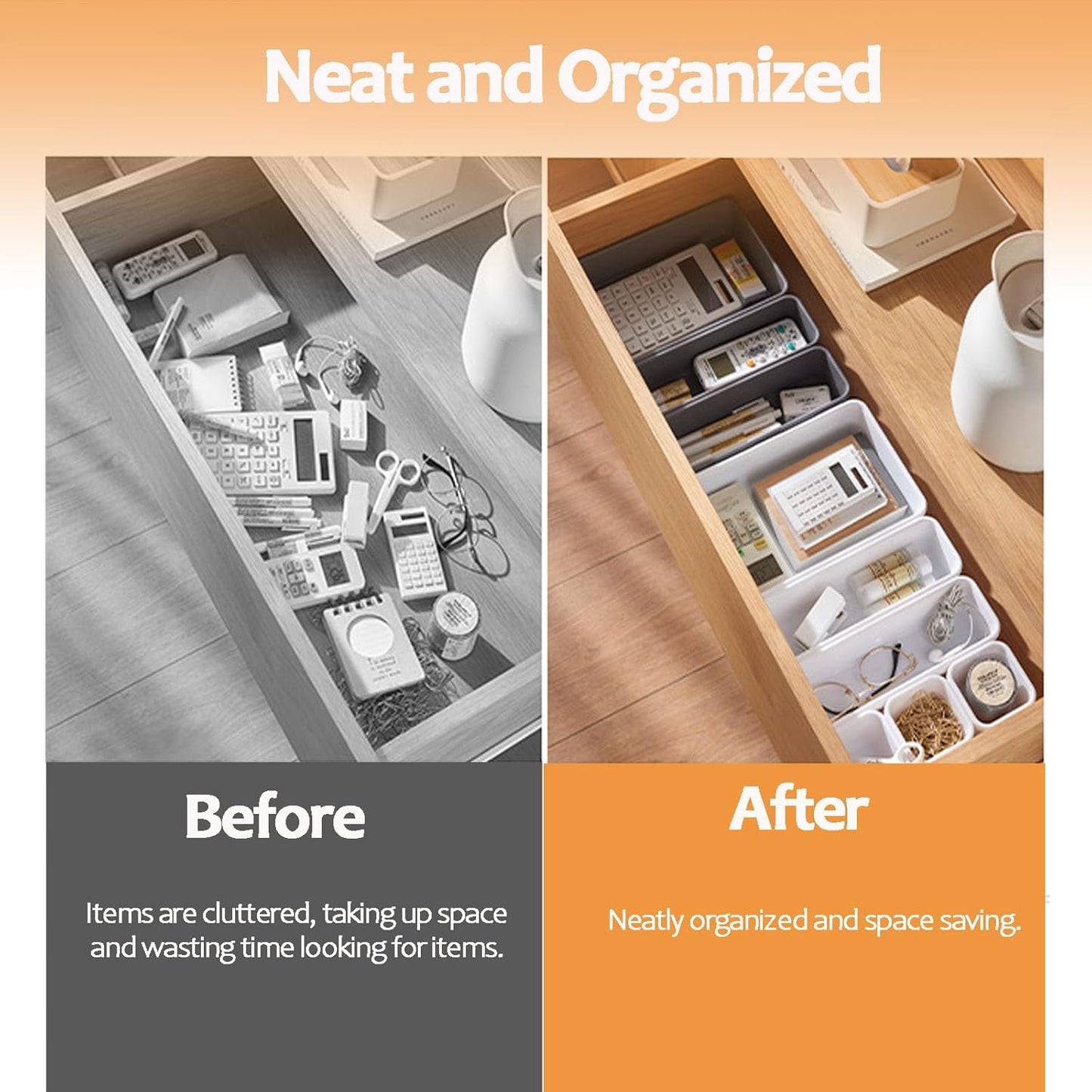 8 Pcs Desk Drawer Organizers, 3 Size Plastic Vanity and Bathroom Drawer Organizer Trays, Storage Bins for Makeup, Utensils, Jewelries, Office and Kitchen (White)