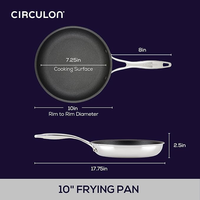 Circulon C1 Series Clad Stainless Steel with ScratchDefense Technology Cookware Nonstick Induction Frying Pan/Skillet, Metal Utensil Safe, 10 Inch Fry Pan - Polished Stainless Steel