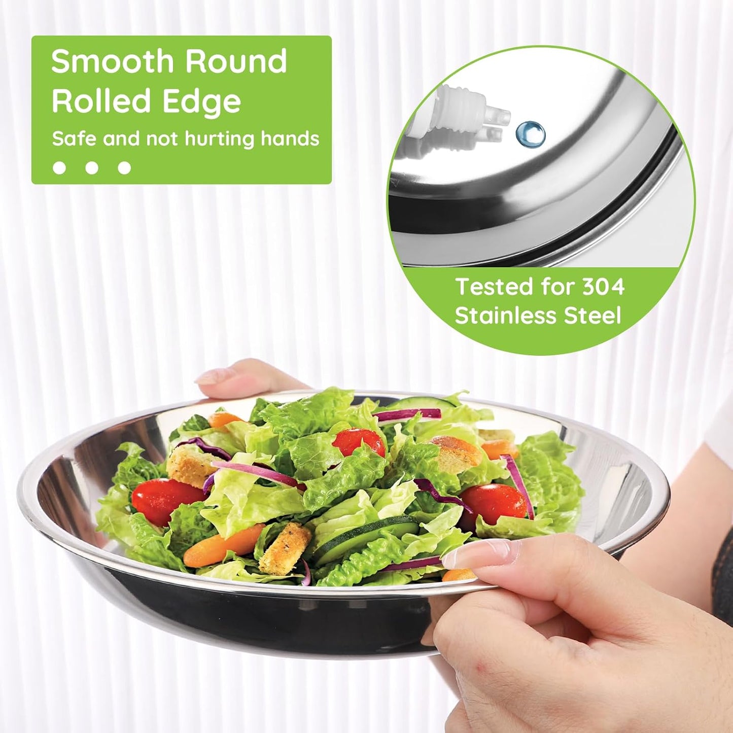 8 Patterned Deep Stainless Steel Plates, 7.8 inch 304(18/8) Metal Camping Plate, Reusable Food Serving Snack Eating Dishes Round Shatterproof Silver BBQ Dinner Dinnerware Oven Dishwasher Safe