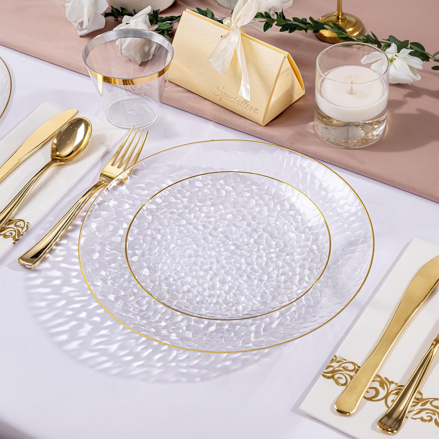 DaYammi 175PCS Clear Gold Plastic Dinnerware Set, Thanksgiving Plates Disposable Hammered Disposable Plates for Party, Include: 25 Dinner Plates 25 Dessert Plates 75 Gold Silverware 25 Napkins 25 Cups