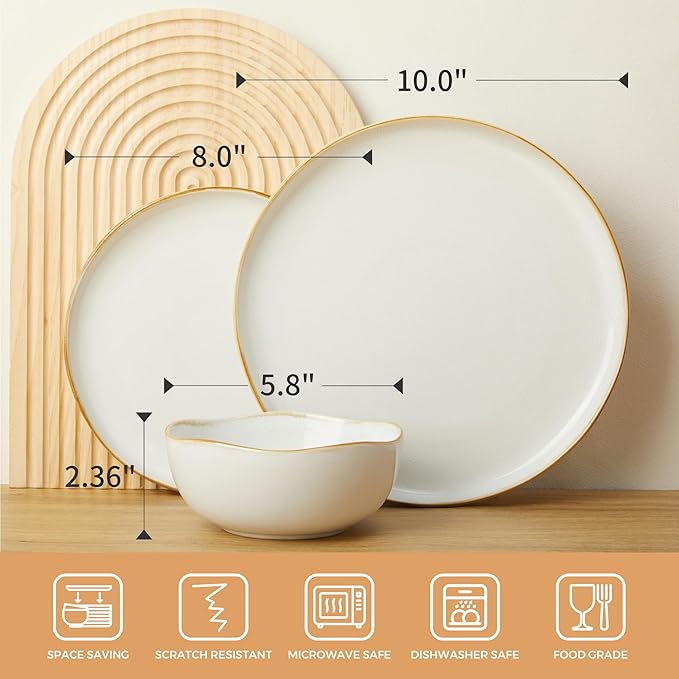 24 Piece White Ceramic Plates and Bowls Sets for 8, Reactive Glaze Stoneware with Coastal‑Line Look | Ideal for Holiday Entertaining, Thanksgiving, and Large Family Meals