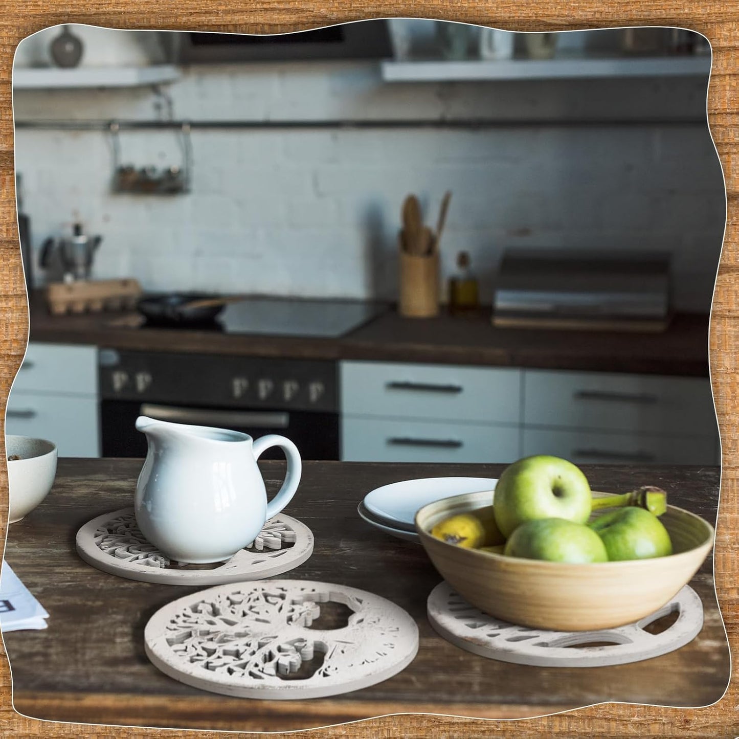 3 Pcs Life Tree Wooden Trivets for Hot Dishes 8 Rustic Round Tree Trivet Set Hot Plate Holders Heat Resistant Polite Trees Coasters for Table Dishes Pots and Pans(White)