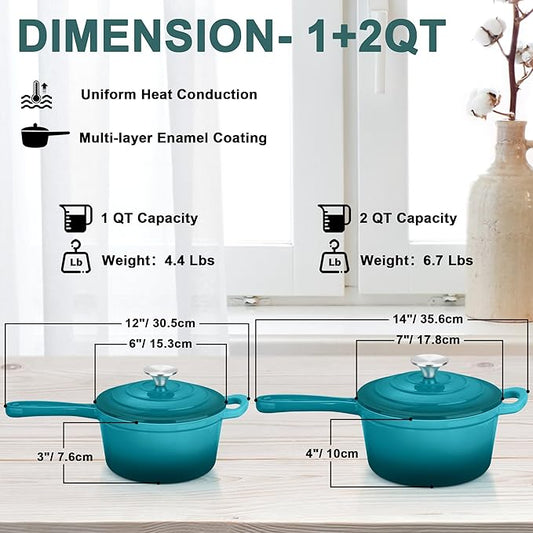 1 Qt & 2 Qt Sauce Pan Sets, Leonyo Enameled Cast Iron Sauce Pan with Lid, Small Saucepan Cast Iron Dutch Oven Kitchen Cookware for All Cooktops Cooking Pasta, Milk, Oatmeal - Up to 500°F, Lake Green