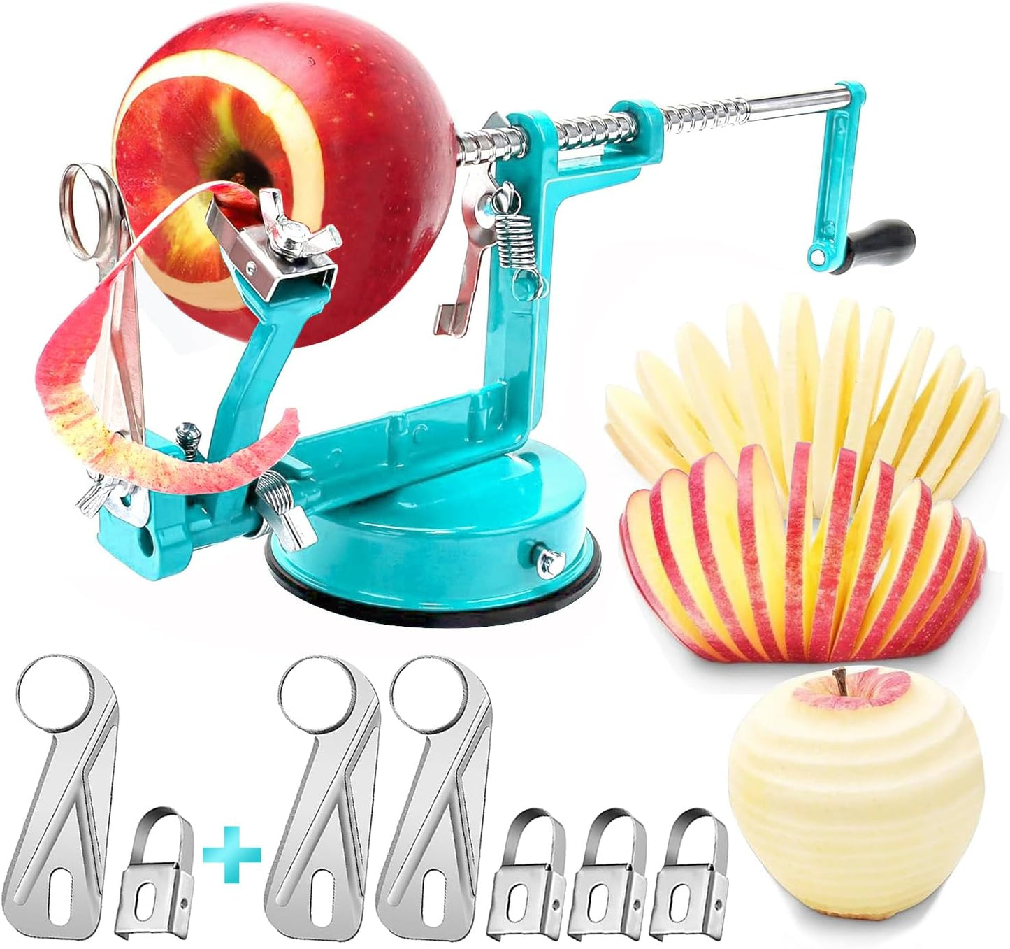 Apple Peeler Corer, Long lasting Chrome Cast Iron Apple Peeler Slicer Corer with Stainless Steel Blades and Powerful Suction Base for Apples and Potato(Blue)