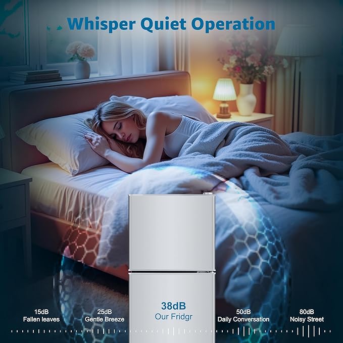 4.8 Cu. Ft. Mini Fridge with Freezer, Compact Refrigerator with Adjustable 7-Level Thermostat, Double-Door Fridge for RV, Kitchen, Office, Silver