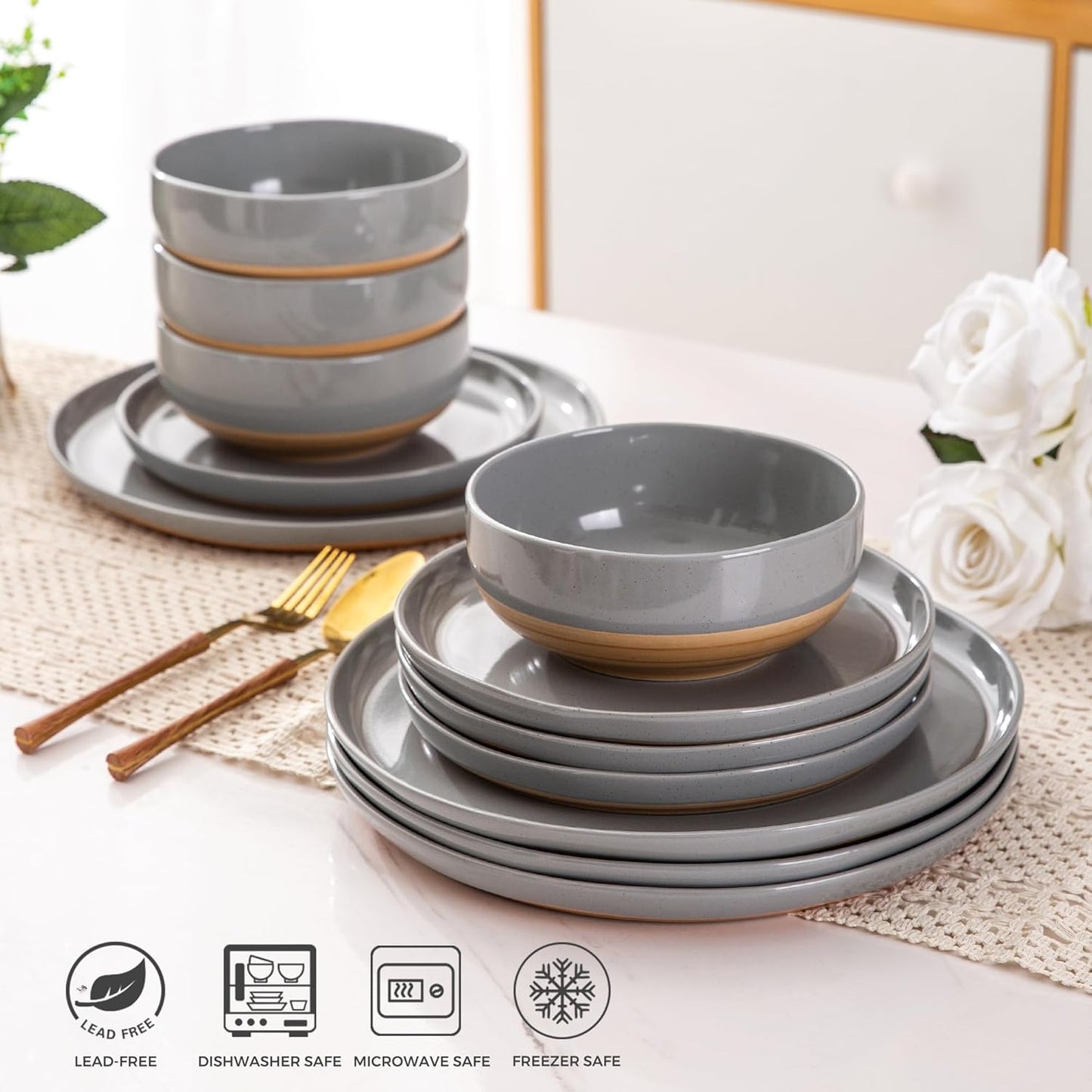 AmorArc Ceramic Dinnerware Sets for 6, 18 Pieces Handpainted Plates and Bowls Set with Rustic Terracotta Underside, Scratch Resistant Stoneware Dishes Set, Dishwasher & Microwave Safe, Gray