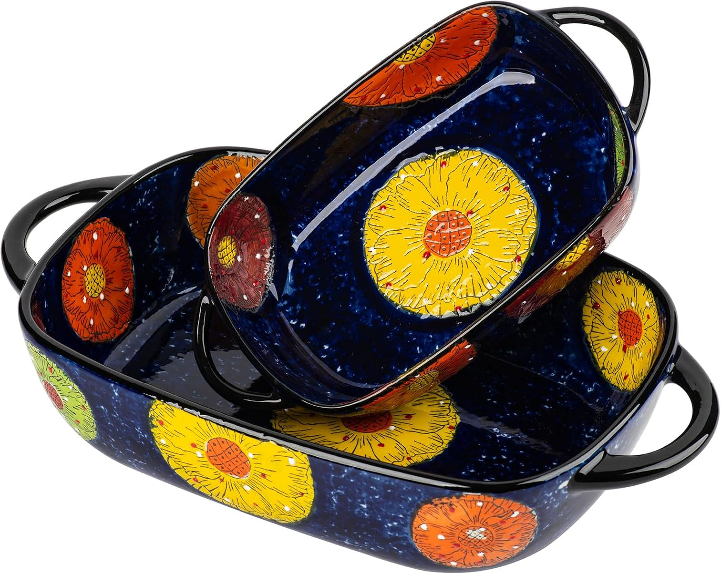 Retro pastoral style Ceramic Baking Dish Rectangular Bakeware Set Baking Pan, 2-piece Hand-painted Porcelain Baking pan with handle, Casserole Dish for Oven/Cooking/Kitchen (Van Impression)