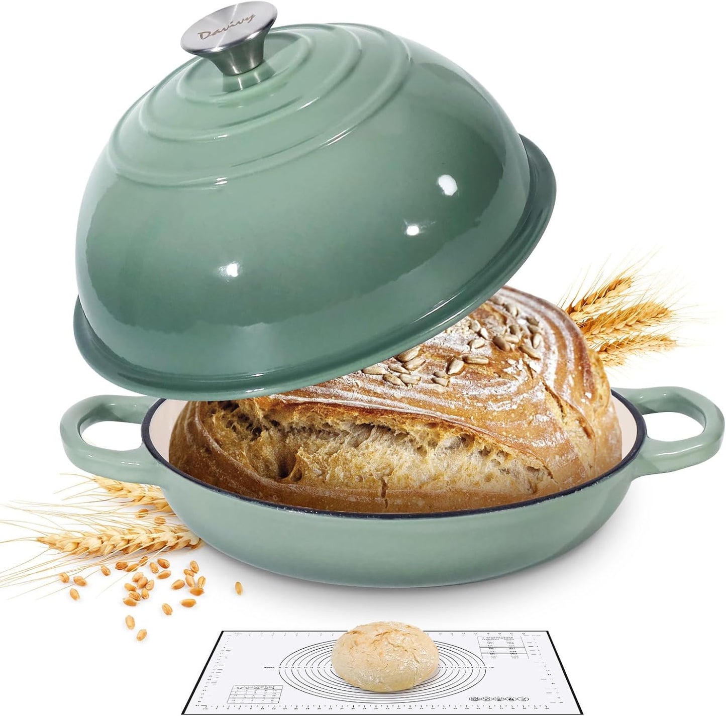 Davivy 5.5QT Cast Iron Sourdough Pan, 10" Round Dutch Oven for Bread, Enameled Cast Iron Dutch Oven for Sourdough Bread, Bread Baking Cloche, with Silicone Baking Mat - Sea Salt Green