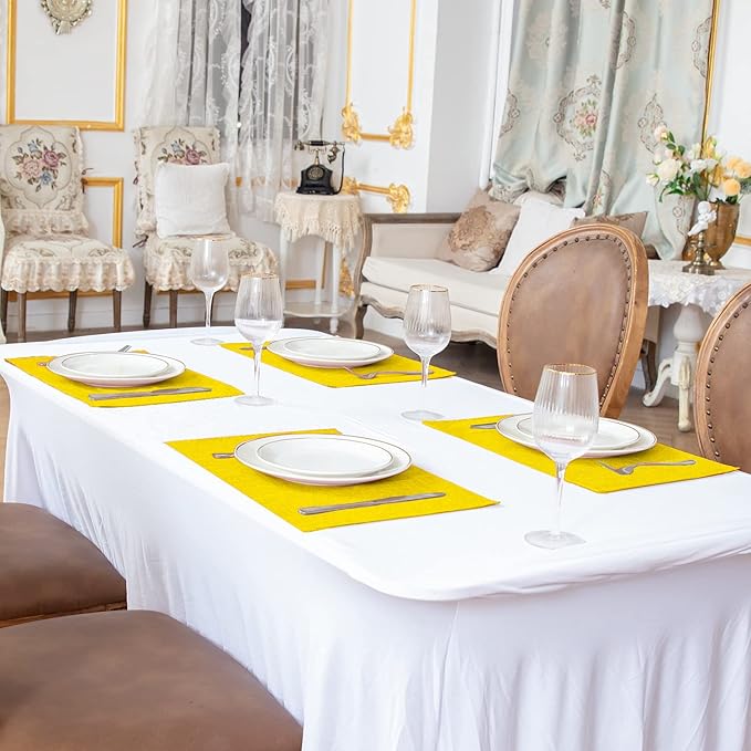 Linen Fabric Placemats Set of 4, Machine Washable, Heat Resistant, Wrinkle Free, Thick Polyester Kitchen Place Mats for Dining Table (Yellow)