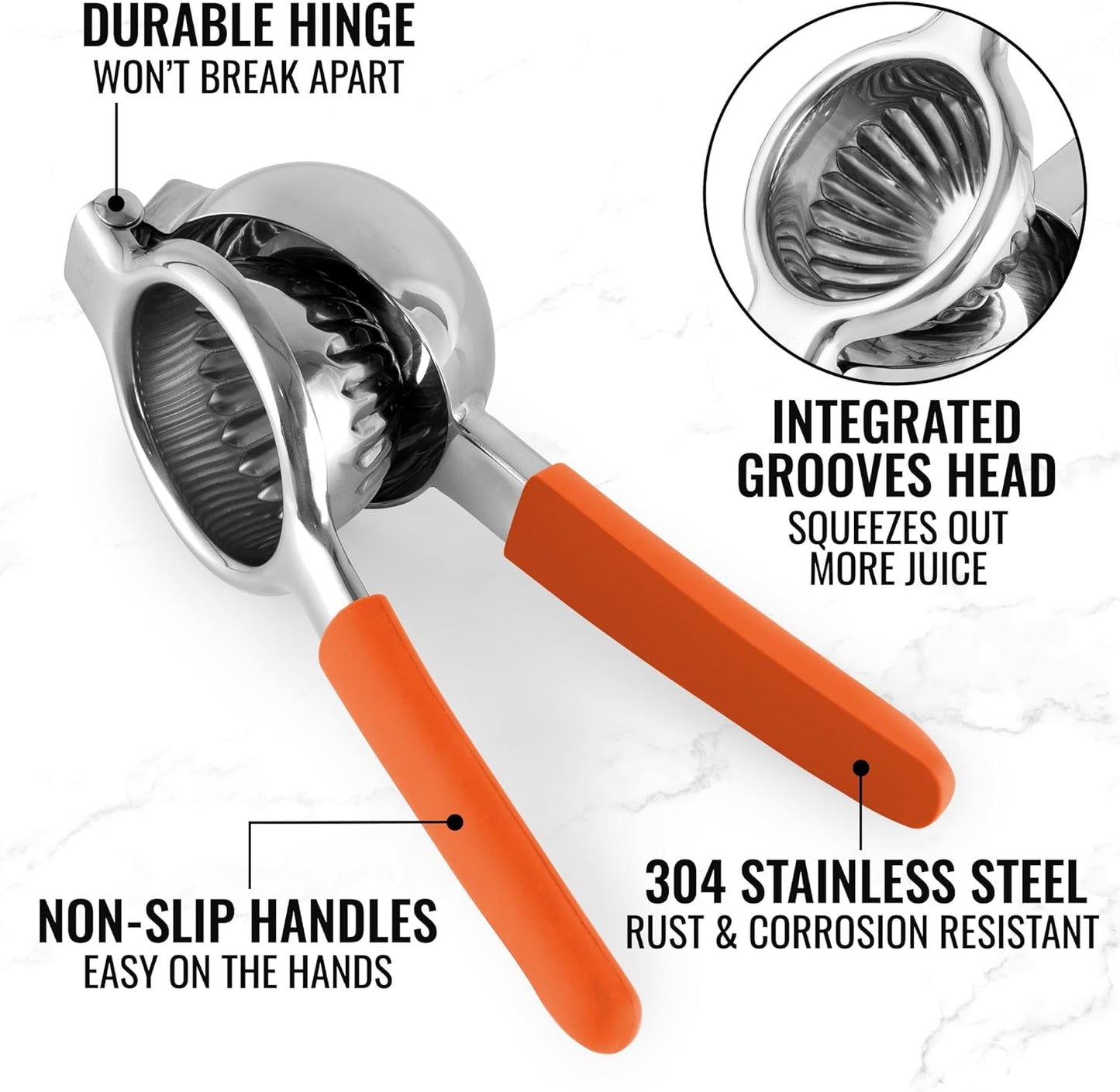 Zulay Kitchen Lemon Squeezer Stainless Steel with Premium Heavy Duty Solid Metal Squeezer Bowl and Food Grade Silicone Handles - Large Manual Citrus Press Juicer and SS Lime Squeezer (Orange)