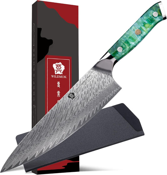 WILDMOK Chef Knife, 8 inch Damascus Japanese Kitchen Cooking Knife,Japanese VG10 Steel Green Resin Handle kitchen knives,Damascus chef's knives Including Gift Box