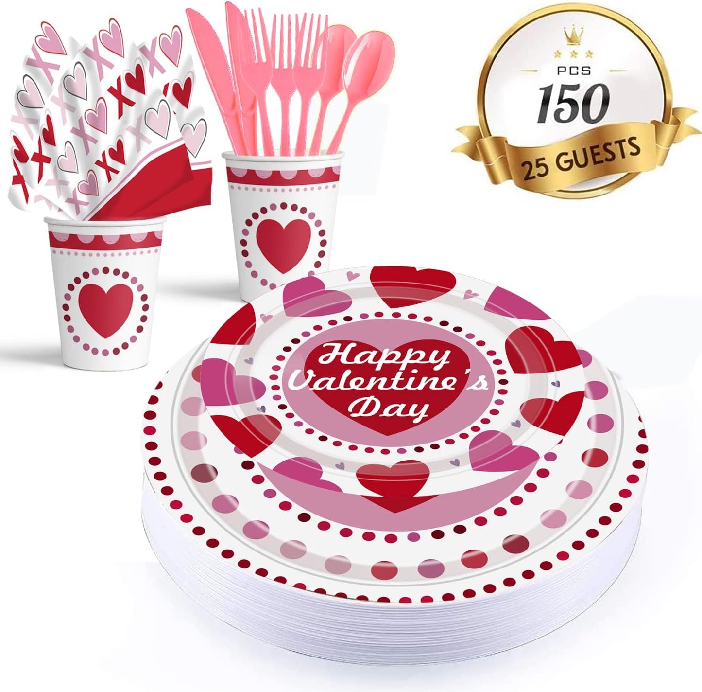 2025 Valentines Day Paper Plate Tableware Set - 177 pcs Heart and Love Disposable Dinnerware with 2 Tablecloth - Red Paper Plates Napkins Cups for Valentines Day Kids School Office Party Supply