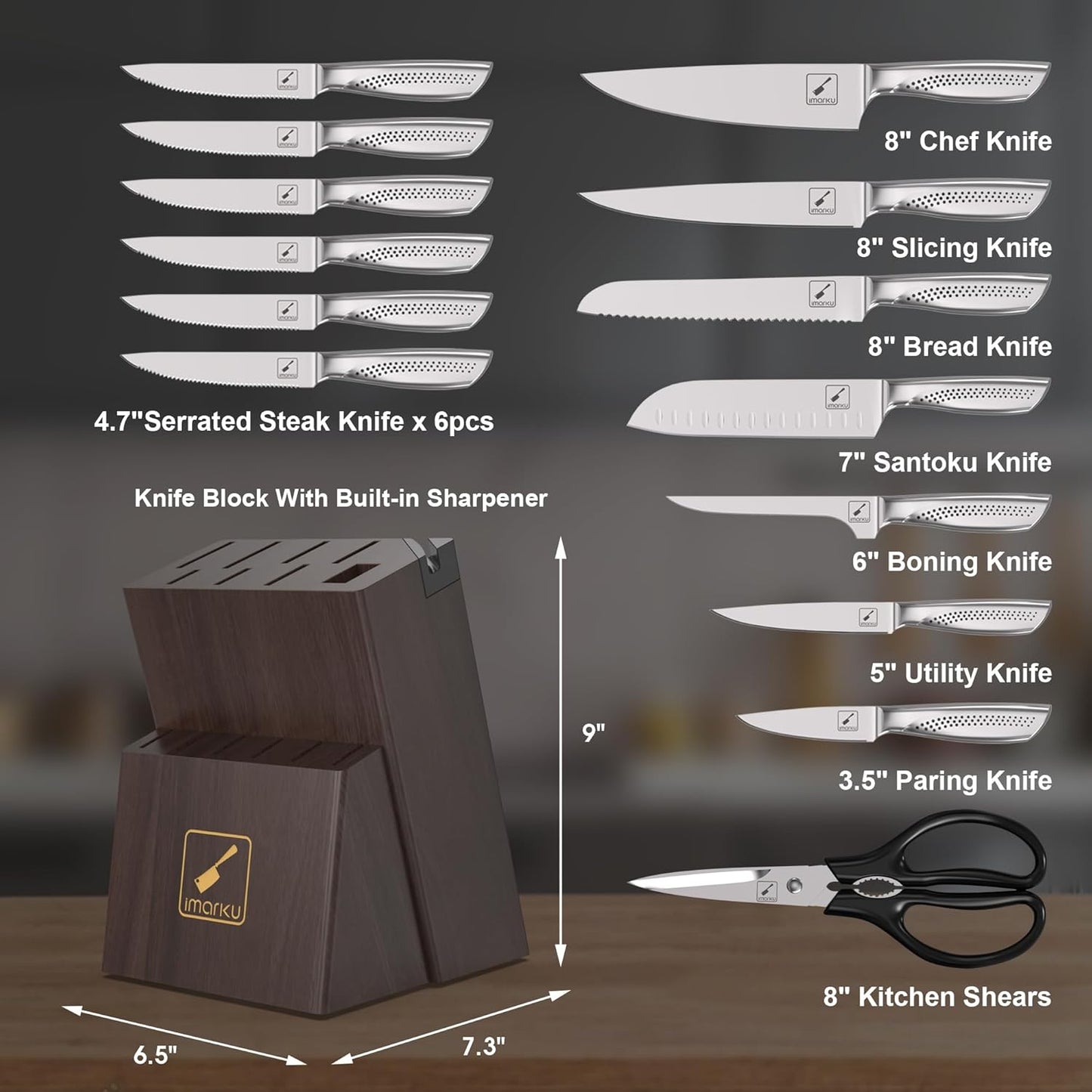 imarku® Knife Set, 15-Pieces HC Stainless Steel Kitchen Knife Set With Built in Knife Sharpener, Razor-Sharp Blade Knife Block Set With Non-Slip Handle, Dishwasher Safe, Best Birthday Gifts