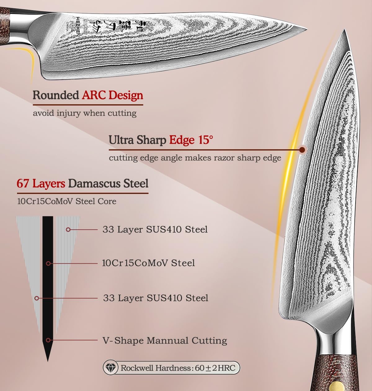 HEZHEN 5.3 Inches All Purpose Kitchen Knife with Sheath, 67 Layers Damascus Steel Kitchen Utility Knife for Cooking Preparation, Petty Knife, Micarta Handle,Gift Ready