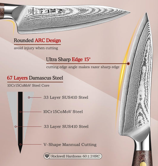 HEZHEN 5.3 Inches All Purpose Kitchen Knife with Sheath, 67 Layers Damascus Steel Kitchen Utility Knife for Cooking Preparation, Petty Knife, Micarta Handle,Gift Ready