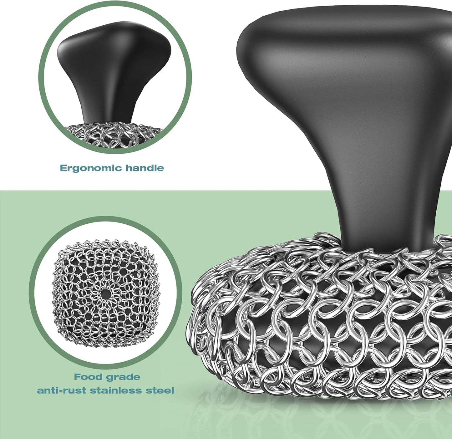 Cast Iron Scrubber | Dish Scrub Brush | 316 Cast Iron Cleaner Chainmail Scrubber for Pan Skillet Cleaner - Dish Scouring Pad Dishwasher Safe Cleaning Kit, Black 03