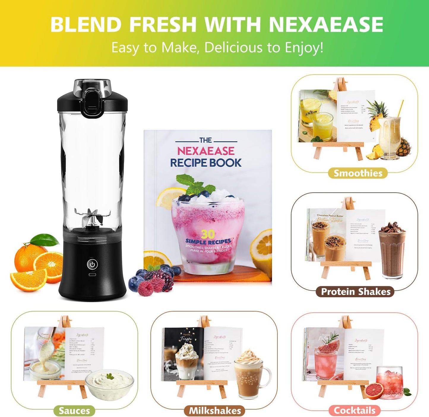 Portable Blender with Insulated Carrying Case & Recipe Book for Shakes and Smoothies, 20 OZ Personal Juicer Electric Protein Shaker Bottle, Mini Small Blender Cup with USB-C Rechargeable, Travel Lid