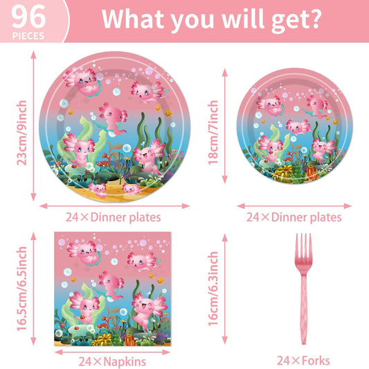 96pcs Axolotl Birthday Party Supplies - Pink Reptile Animals Axolotl Plates Napkins Forks Disposable Tableware Set Girl Axolotl Party Decorations Serves 24 Guests