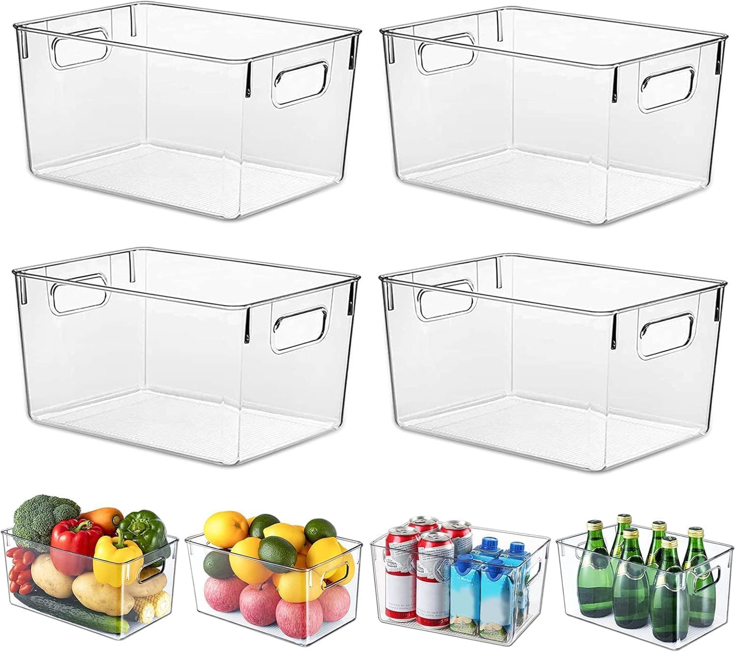 Clear Plastic Storage Bins, 4 Pack Pantry Organizers & Storage Containers, Cabinet Organizer, Home Organization Must Haves for Kitchen, Laundry Room, Office, Closet & Freezer