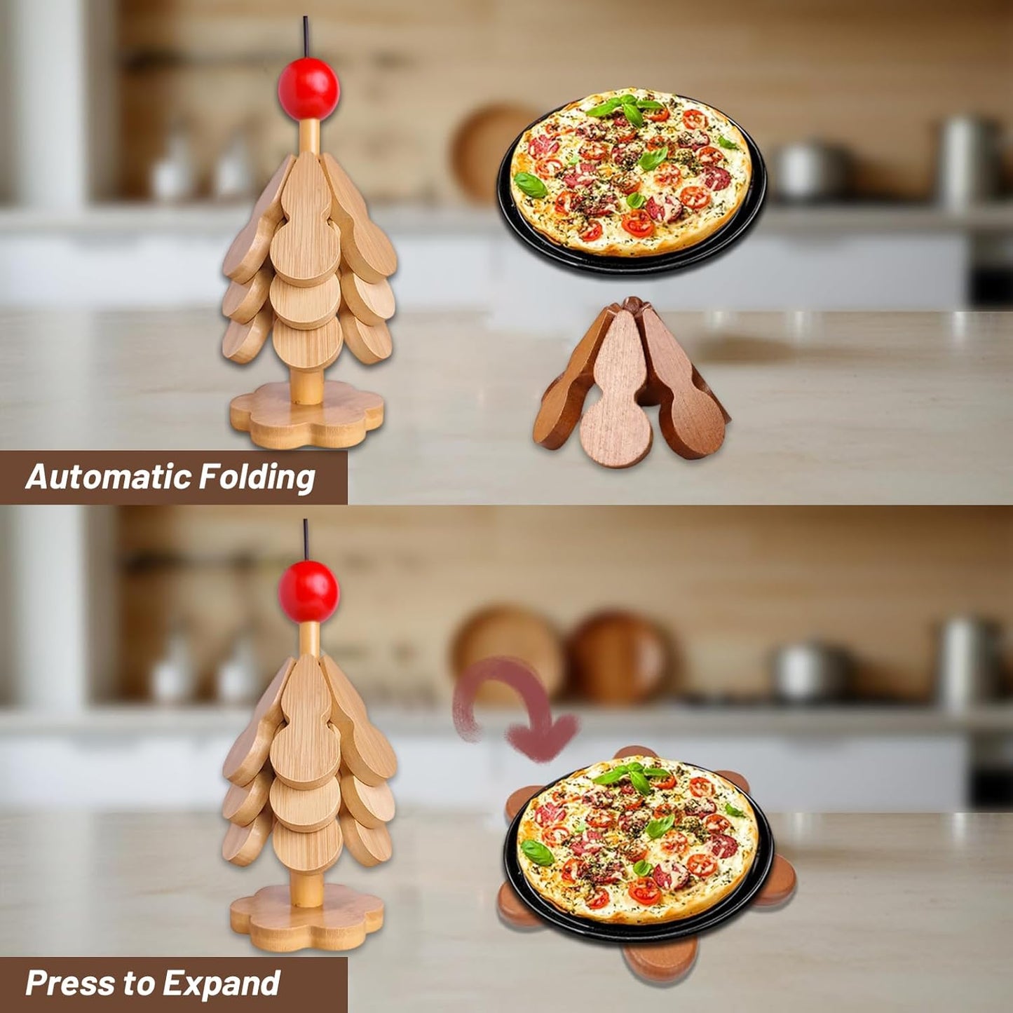 Natural Wood Tree Trivet Set, 2026 New Natural Tree Trivet Set 3 Trivets + 1 Stand for Hot Dishes, Foldable Kitchen Wooden for Hot Dishes, Pot, Bowl, Teapot, Hot Pot Holders (A)