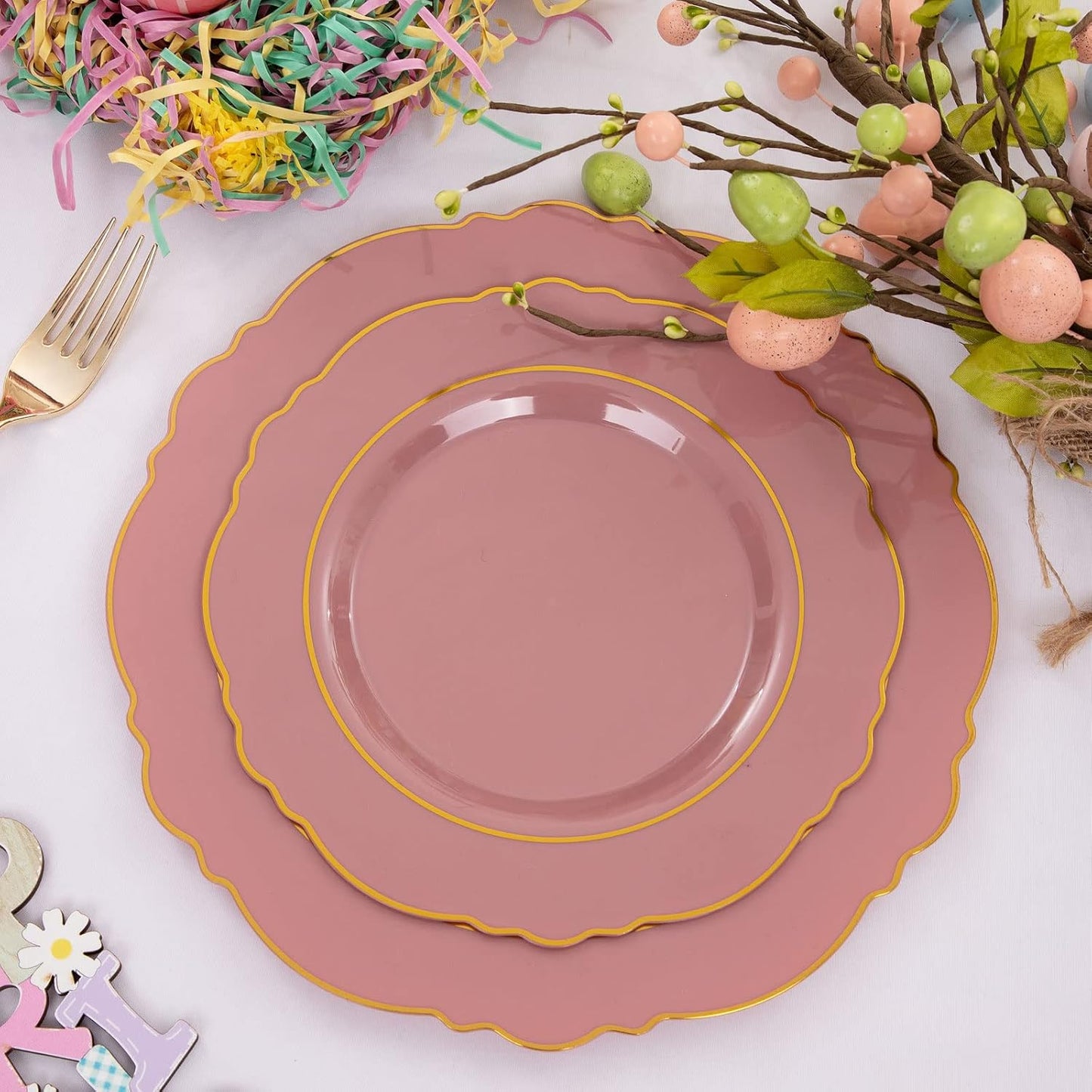 Nervure 100Pcs Mauve Pink Plastic Plates - Mauve and Gold Plastic Dinnerware Sets for 20 Guests - 20 Dinner Plates, 20 Dessert Plates, 20 Forks, 20 Knives and 20 Spoons for Wedding & Party
