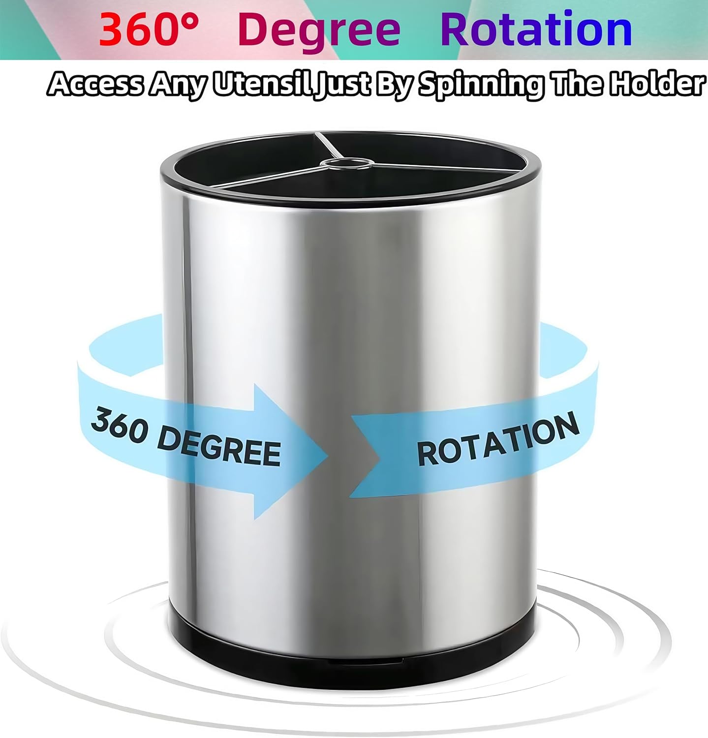 Utensil Holder,Large 360°Rotating Kitchen Utensil Holder For Counter,Cooking Silverware Organizer Stainless Steel Caddy Flatware Spoon Spatula Tool Cutlery Container