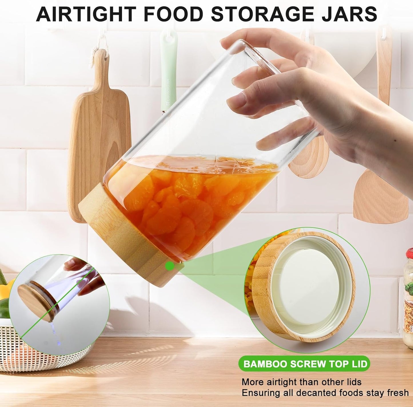 AISIPRIN Airtight Glass Jar with Lid, Glass Storage Containers with Screw On Bamboo Lids, for Cookie, Pasta, Cereal Storage Containers, 5Pcs 80oz 50oz 27oz Canisters Sets for the Kitchen