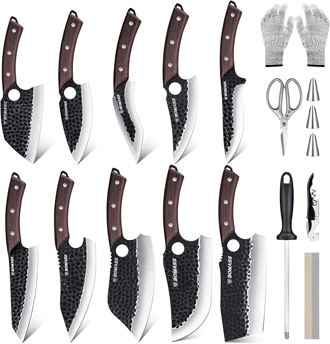 Meat Cleaver Butcher Knife Set of 17Pcs, Hand Forged Kitchen Knives Set, High Carbon Steel Chef Knife Set with bag & 6 Accessories, Boning Knives for Meat Cutting, Outdoor Cooking BBQ Camping Gift