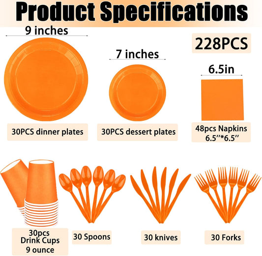 TWOWYHI 228PCS Orange Party Supplies Set Include Paper Plates Cups Paper Napkins Plastic Spoons Forks Knives for 30 Guests Disposable Party Dinnerware for Birthday Wedding Family Picnic