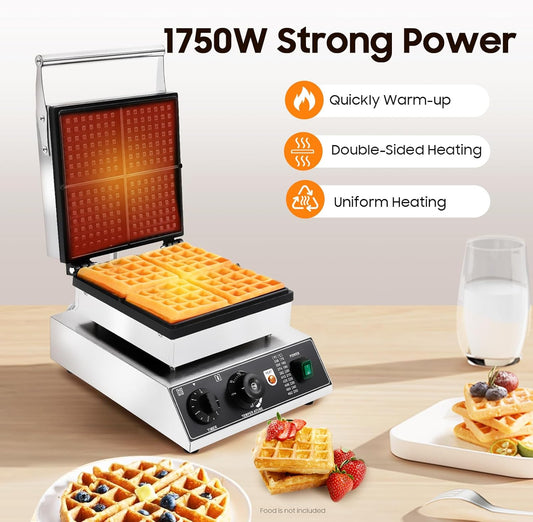 1750W Professional Waffle Maker, 4-Cell Waffle Machine w/Crumb Tray, Adjustable Time &Temperature, Stainless Steel Waffle Irons for Making Waffles & Heating Hot Dogs (4-cell)