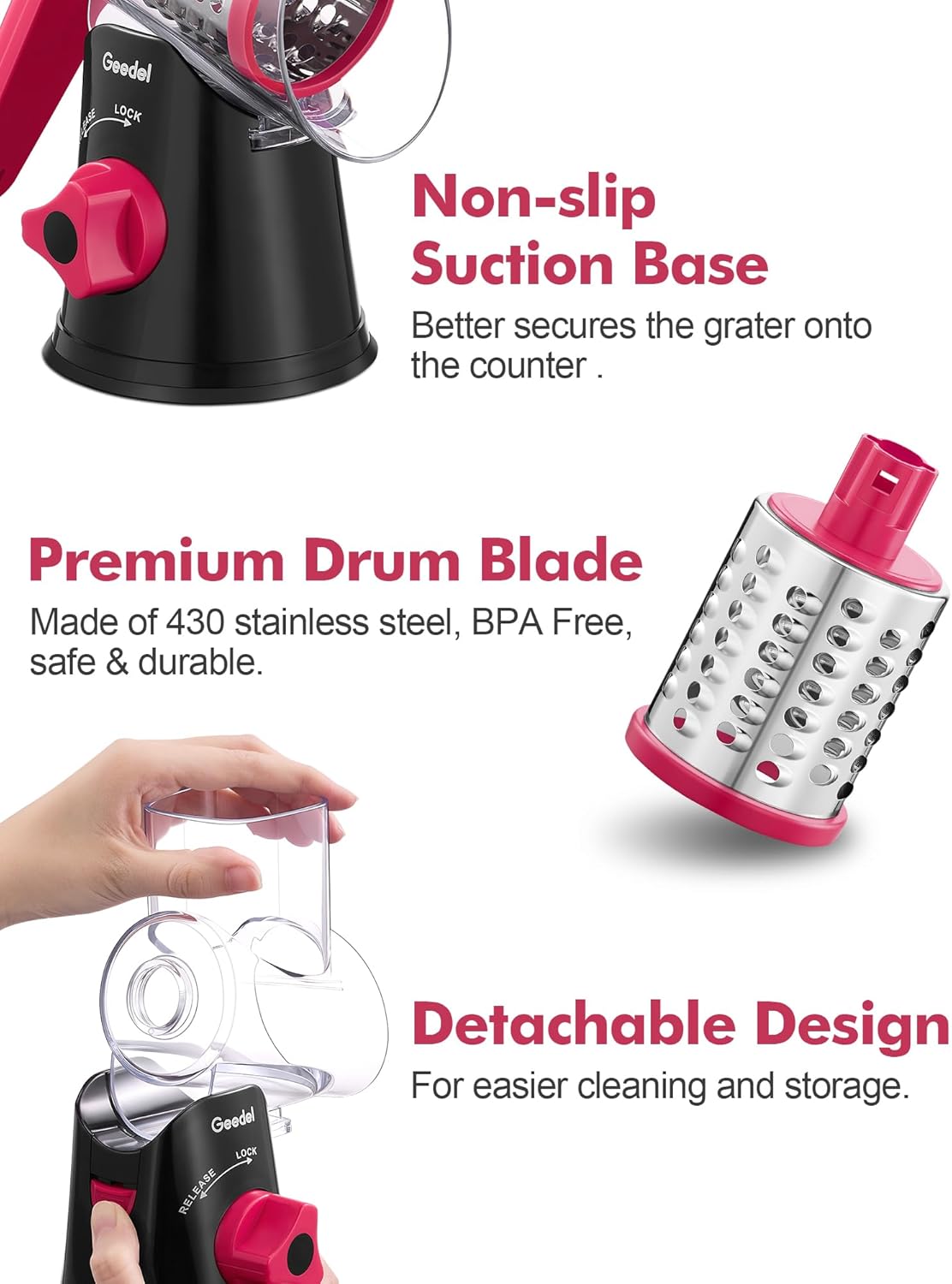 Geedel Rotary Cheese Grater, Kitchen Mandoline Vegetable Slicer with 3 Interchangeable Blades, Easy to Clean Rotary Grater Slicer for Fruit, Vegetables, Nuts