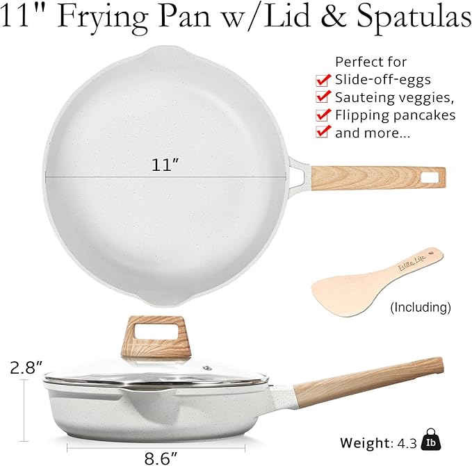 ESLITE LIFE Nonstick Ceramic Frying Pan Skillet with Lid, Non-Toxic Egg Omelette Kitchen Cooking Pans Compatible with All Stovetops (Gas, Electric & Induction), PTFE & PFOA Free (White, 11" w/Lid)