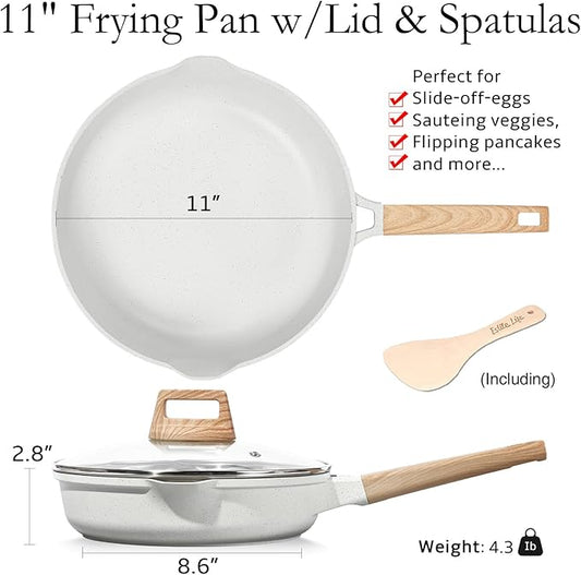 ESLITE LIFE Nonstick Ceramic Frying Pan Skillet with Lid, Non-Toxic Egg Omelette Kitchen Cooking Pans Compatible with All Stovetops (Gas, Electric & Induction), PTFE & PFOA Free (White, 11" w/Lid)