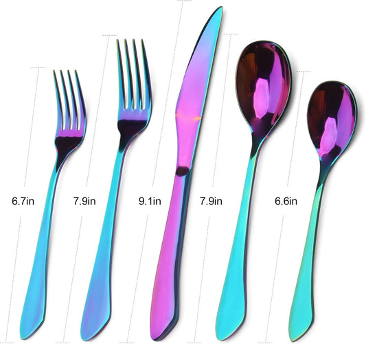Rainbow Silverware Set, 20-Piece Stainless Steel Flatware Set with Round Edge, Kitchen Utensil Set Service for 4, Dishwasher Safe
