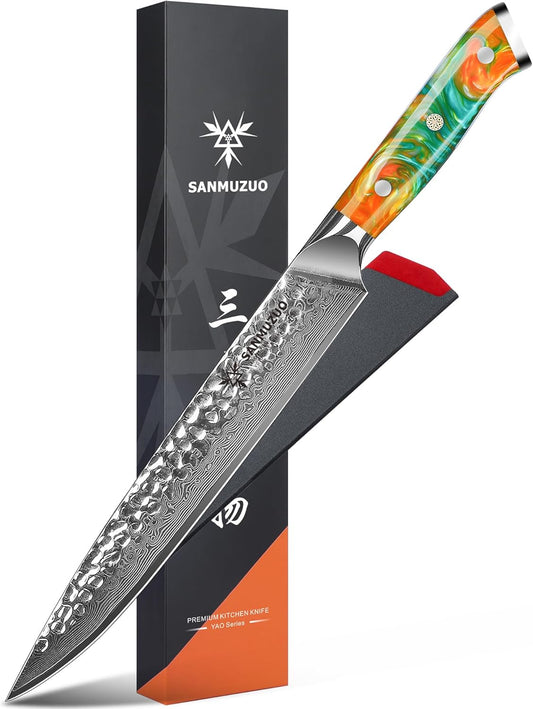 9 Inch Carving Knife, Slicing Knife - Hammered Damascus Steel & Resin Handle - Yao Series