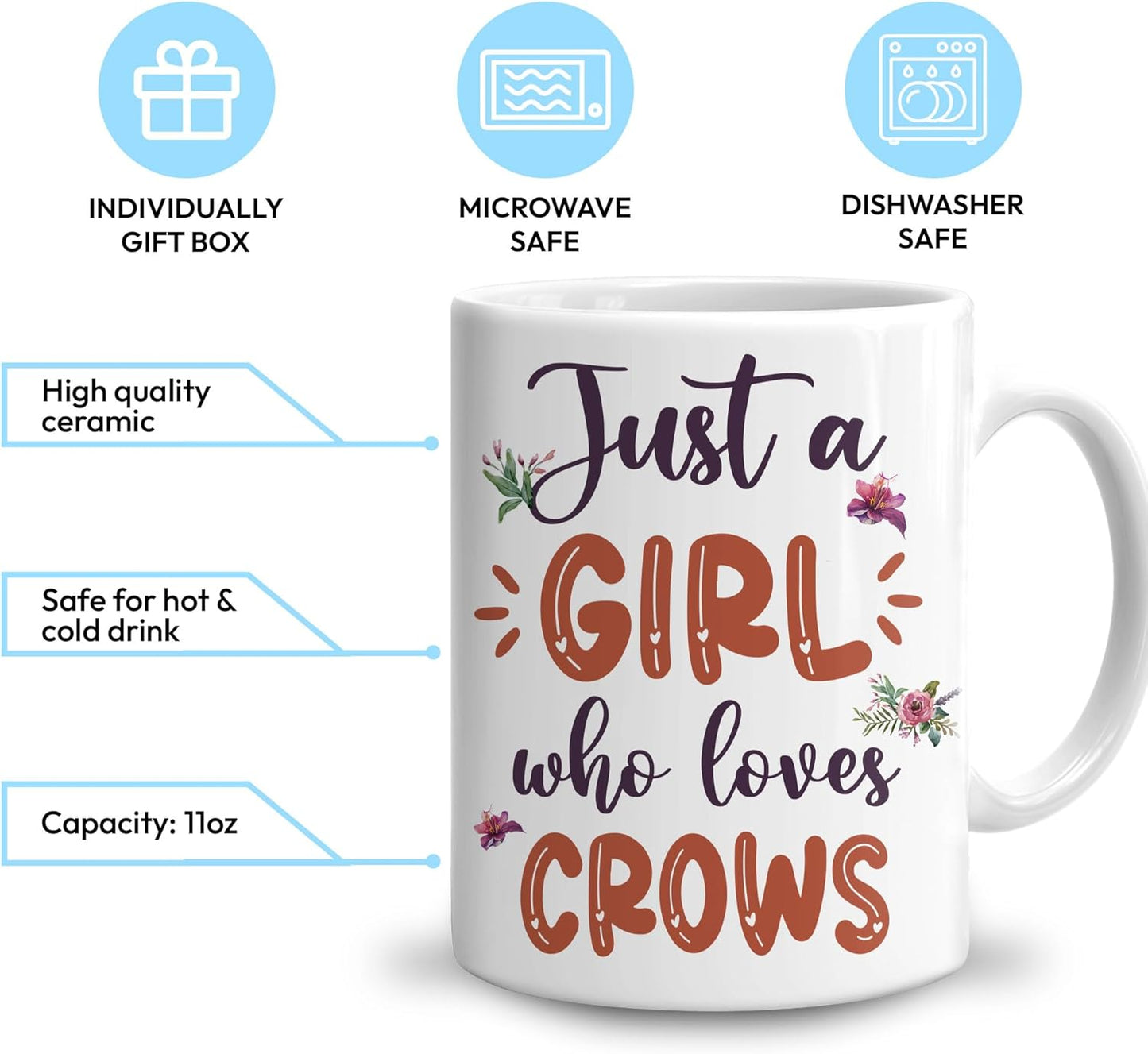 Hyturtle Personalized Gifts Crow Lover - Just A Girl Who Loves Crows Custom Name Ceramic Coffee Mug Cup 11oz - Idea Cute Animal Lover Gifts For Women, Girl Daughter On Birthday, Christmas